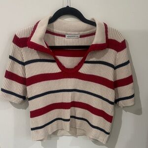 Zenana Outfitters Cream Red Navy Striped Cropped Knit Top